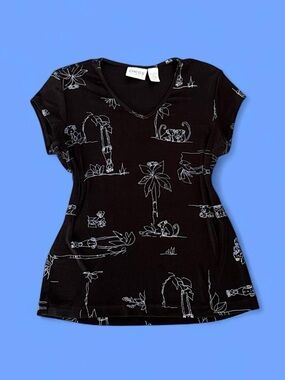 Chico's Black V-Neck Crop Top with White Palm & monkey sketches